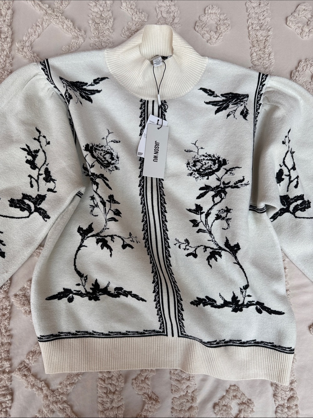Jason Wu White Knit Zip Jacket with Black Floral Jacquard